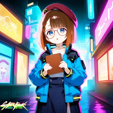  cyberpunk city、cute elementary school girl putting on a mosaic、brown hair and wig、 blue eyes、、A cute cyberpunk jacket and a checked long skirt、 beret、Glasses、Notebook PC