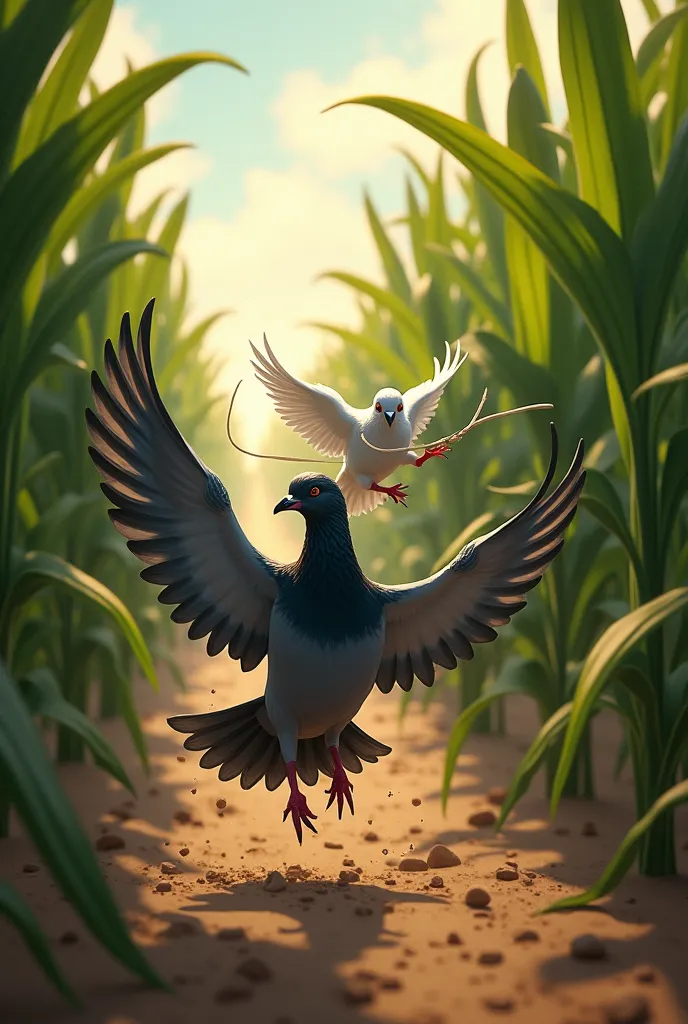 black pigeon running from white pigeon with whip in corn field