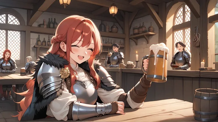 masterpiece, best quality, ultra-detailed, anime-style,
1girl, warrior, sitting at a wooden tavern table, holding up a large beer mug, cheerful expression, laughing, celebrating, slightly flushed cheeks, leather armor, fur-lined cape, metal shoulder guards...