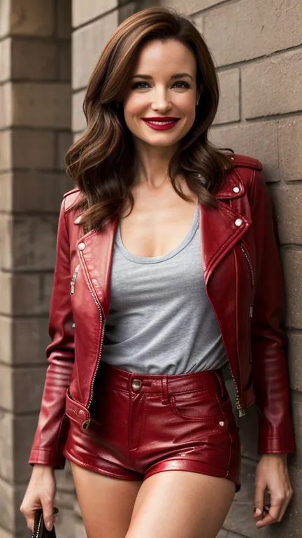 Kristin Davis, wearing red leather jacket and ripped shorts, sexy, smiling, lipstick