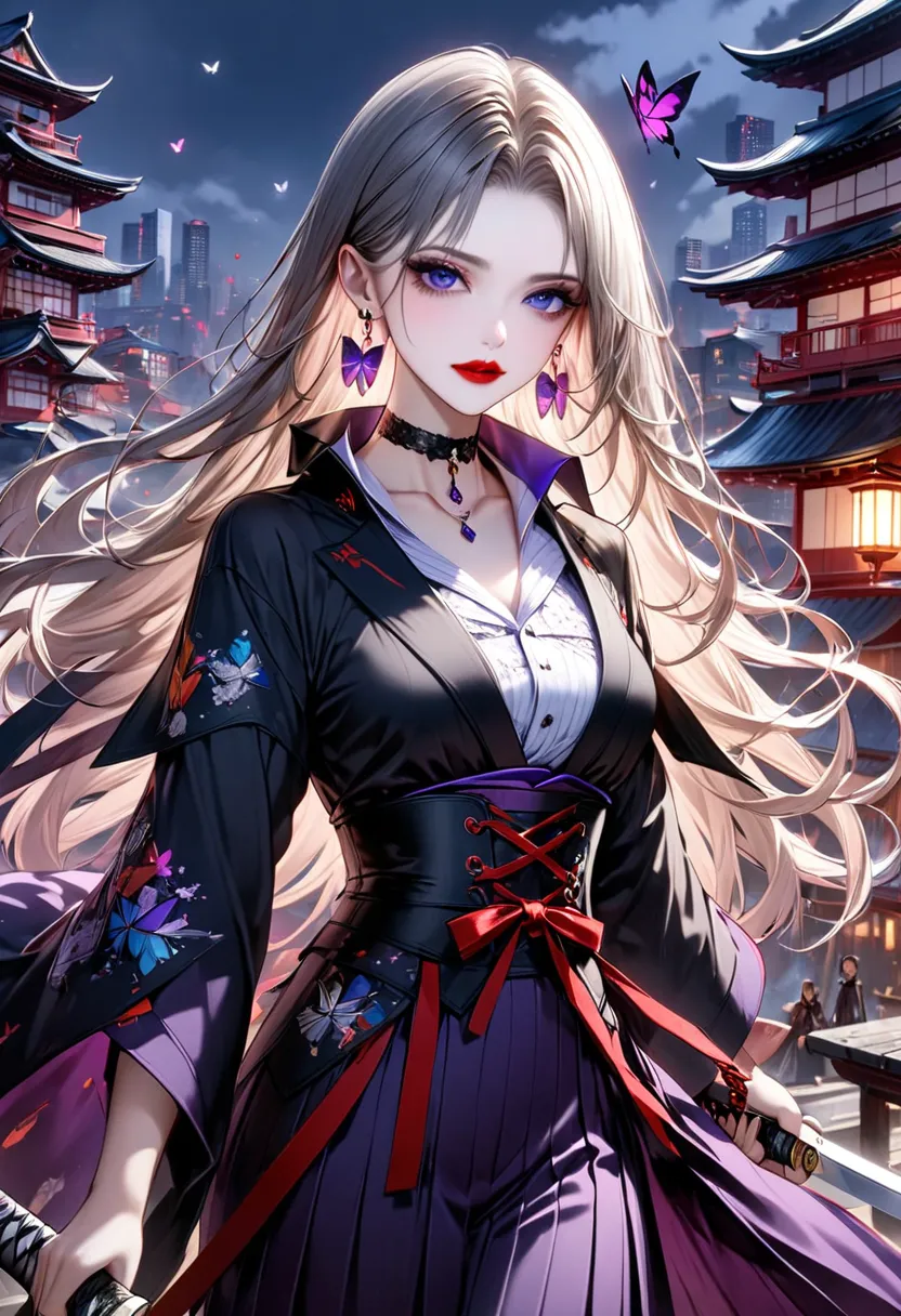 Mibu Shiritoshi

Black long hair straight hair with purple mesh。Pity Purple Eyes 。 white skin。 red lips。 Smooth nose muscles 。Sharp impression。An enchanting beauty with a slender figure 。 Owner with a Mysterious and Unconventional Atmosphere 。White Frilled...