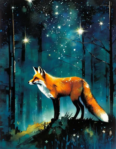 fox, forest, night, stars, Art inspired by Bill Sienkiewicz and Dave McKean