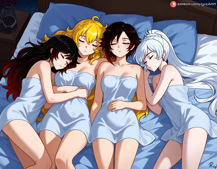 4girls, RWBY, Ruby Rose, Weiss Schnee, Blake Belladona, Yang Xiao Long, naked, sleeping on the same bed, night