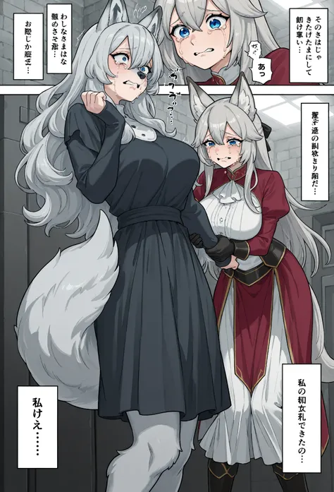 furのような,   animal ears,Tail,[[fur]],  blue eyes,cute,Fox Woman, anime style,白いfur,  dog restraint,   crying face,  make middle hair , queen,  color , Gray Hair,Mother,One woman with large breasts that stretch her knees, top, comics, next scene ,Molester, p...