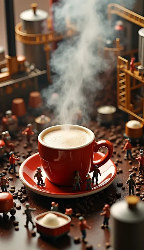 "A miniature coffee factory where tiny baristas are brewing espresso, workers carrying coffee beans in tiny carts, a giant coffee cup being filled by a crane, steam rising like factory smoke, conveyor belts transporting sugar cubes, ultra-detailed, warm li...