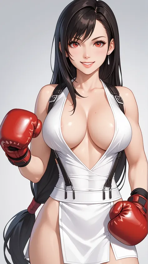 A vibrant and detailed anime-style digital illustration from a frontal camera angle, featuring a confident and alluring woman in a revealing red and white outfit. the woman, who appears to be tifa lockhart, is standing in the middle of the image, with her ...