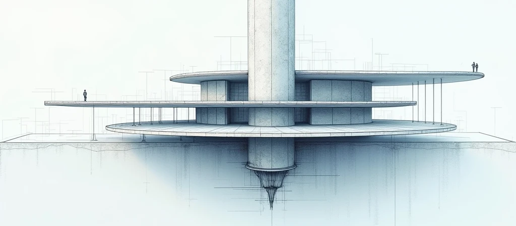 "technical exploded axonometric diagram, Suspended annular basalt pedestal building cross-sectional view，Tadao Ando style，crude futuristic architecture，includes concrete core cylinder、cantilever steel truss、Mirror pool、hollow basalt block details， line art...