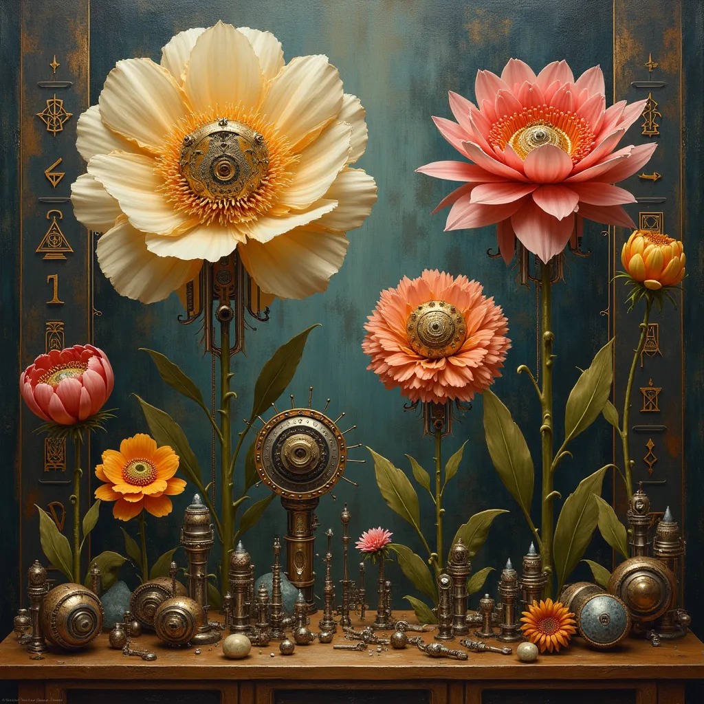 surreal and abstract painting of a mysterious ancient art deco room with different mechanical flowers made of old steampunk machinery, classic art, dreamy, surreal, photorealistic, magical, esoteric, occult, symbolism