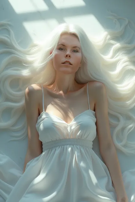 arafed woman with long white hair laying on a marble floor, karol bak uhd, style of karol bak, flowing white hair, girl with white hair, perfect white haired girl, gleaming silver, beautiful digital artwork, gleaming white, white hair floating in air, whit...