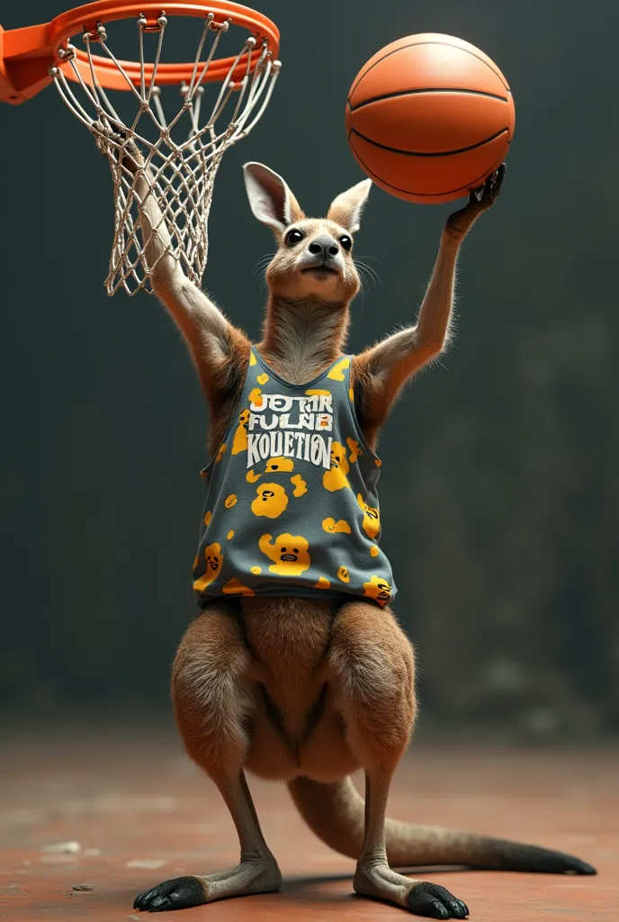 A kangaroo dressed as Bape hanging a hoop with one hand and the point of view from the upper right corner that you can see the basketball mainly and the rest of the body in the background 