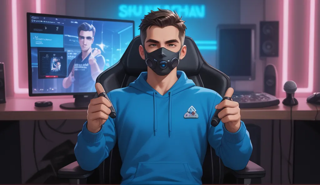 An Handsome Indian man sitting confidently on a
modern gaming chair in his YouTube studio. He is wearing a bright Blue hoodie with NAMAN GUPTA boldly printed on it. His face is clearly visible and some glow on his face he looking attractive and hair also l...