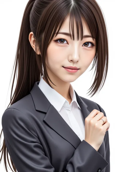  drawn by beautiful Japanese women、  shiny skin ,  True Face,  beautiful hair,  beautiful face,  beautiful eyes in every detail , (middle hair:1.5, Japanese Hair:1.5), black hair,  (((in a suit,ponytail,bangs))), ((smile:1.5, open your mouth wide)), The ba...