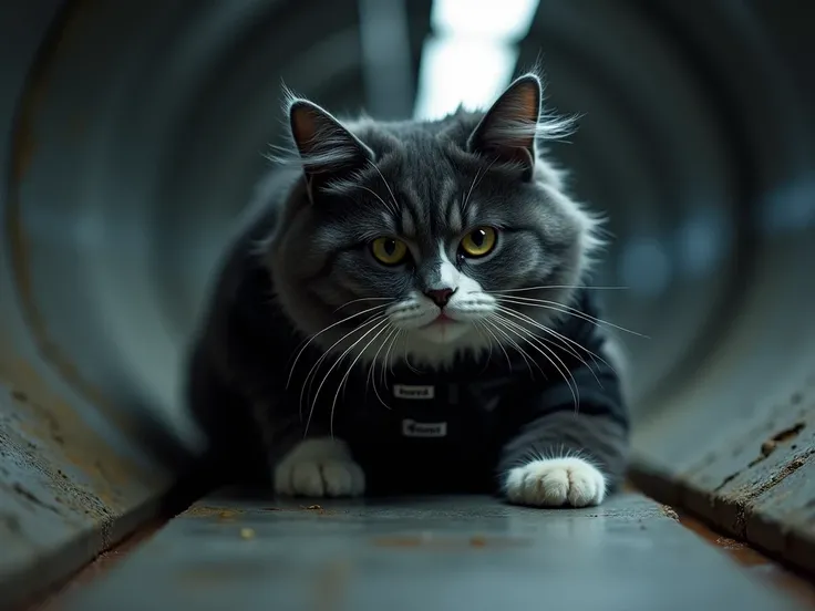 A chubby, fluffy gray and white cat dressed in full black tactical gear, crawling low in a narrow air duct. The cat's body is pressed close to the surface, moving stealthily like a secret agent. The dimly lit ventilation shaft has metal walls and soft shad...