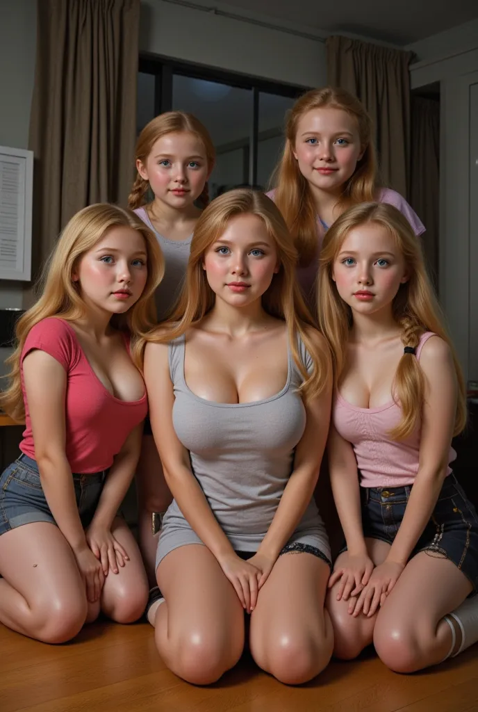 Very realistic photo of 5 very young girls ,  long blond hair,   3 girls have long braids  , Different hairstyles,    small short blouses and miniskirt  ,   detailed face ,   big and beautiful blue eyes   ,  kneeling on the hardwood floor in a bedroom at n...