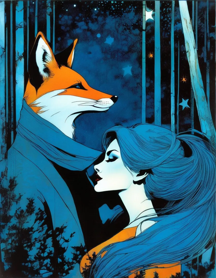 Sexy girl and fox, blue hair, forest, night, stars, Art inspired by Bill Sienkiewicz and Dave McKean