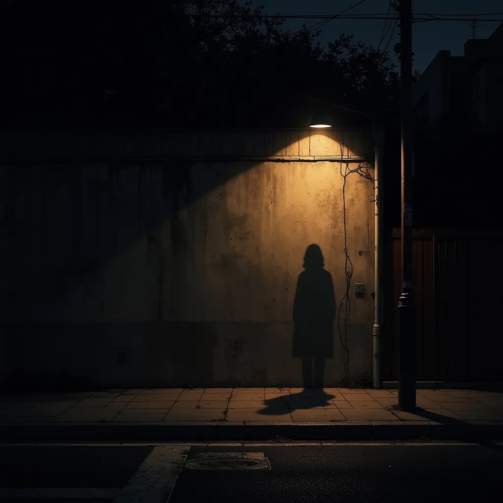 ((A Shadow on the Wall)),  Darkness, wall, Street lamp, Strong Light and Shadow Contrast, Clear Silhouettes,  Quiet Night, Loneliness