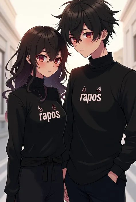 Personajemos couple wearing high-collared black shirts with a name RAPOSO in Portuguese on the chest of a man and a fox in Portuguese on a woman's chest woman with curly hair and anime theme