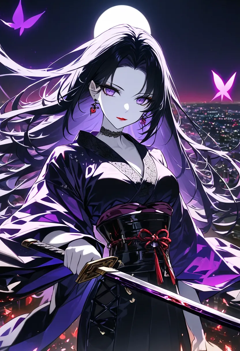 Mibu Shiritoshi

Black long hair straight hair with purple mesh。Pity Purple Eyes 。 white skin。 red lips。 Smooth nose muscles 。Sharp impression。An enchanting beauty with a slender figure 。 Owner with a Mysterious and Unconventional Atmosphere 。purple butter...