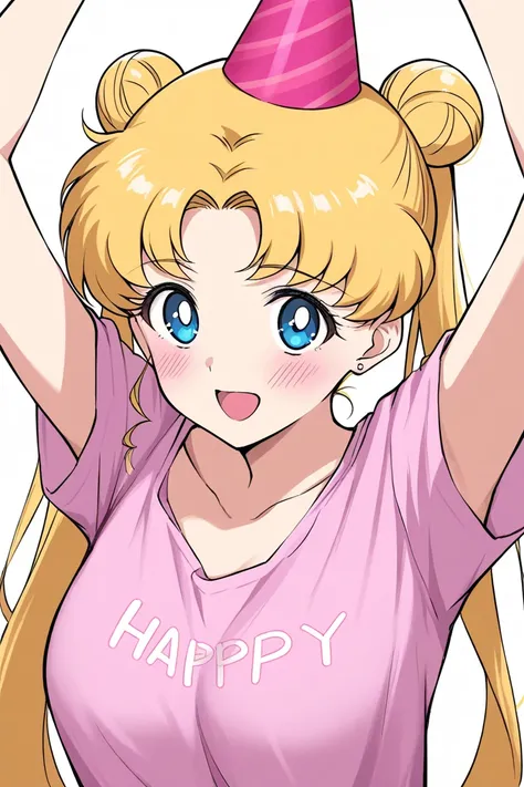 1 girl, solo, obra maestra, mejor calidad, SMiLE, LONg hair, blush face, Blonde hair, twintails, medium boobs, Tsukino Usagi, blank BACKGROUND, simple backgrond, pink shirt, LOOKiNG AT VieweR, party horn, wearing birthday hat, open mouth, happy face, arms ...