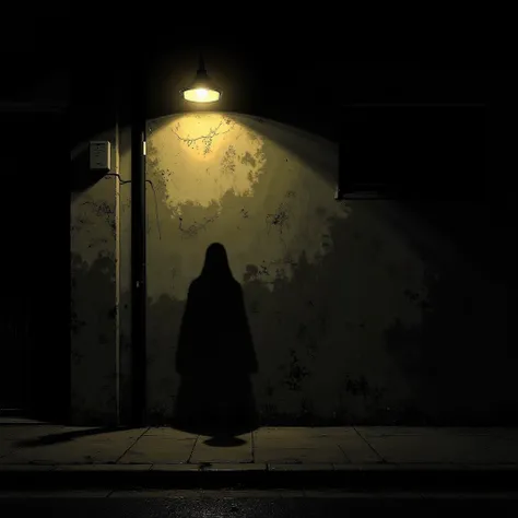 ((A Shadow on the Wall)),  Darkness, wall, Street lamp, Strong Light and Shadow Contrast, Clear Silhouettes,  Quiet Night, Loneliness