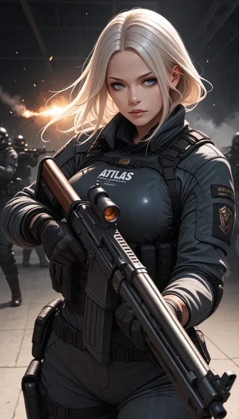 (masterpiece, Best Quality:1.2), 1 girl, Alone, \ characters "Atlas"\, combat motion with a gun, light manners to dodge bullets, stare at enemies and fight back, realistic bullets fired from powerful high-performance rifles, cinematic smoke stage, cool& be...