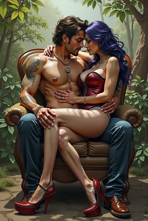 un homme assis dans un fauteuil de jardin avec une chemise, une peinture photorealiste inspirée par Johnny Depp, art numérique, Beau magnifique réaliste, couverture de roman d'amour, Bel homme, torse nu, détails précis, homme séduisant, beau prince de Pers...