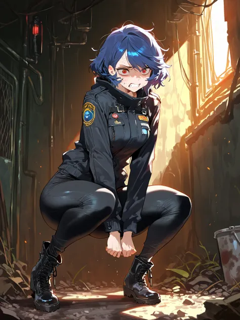 (masterpiece, best quality, amazing quality, very aesthetic, cinematic lighting:1.4,incredibly_absurdres), dirty basement, 1girl\( solo, short hair, blue hair, side swept bangs, messy hair, big beasts, red eyes, black jacket, black pants, black boots\), ne...