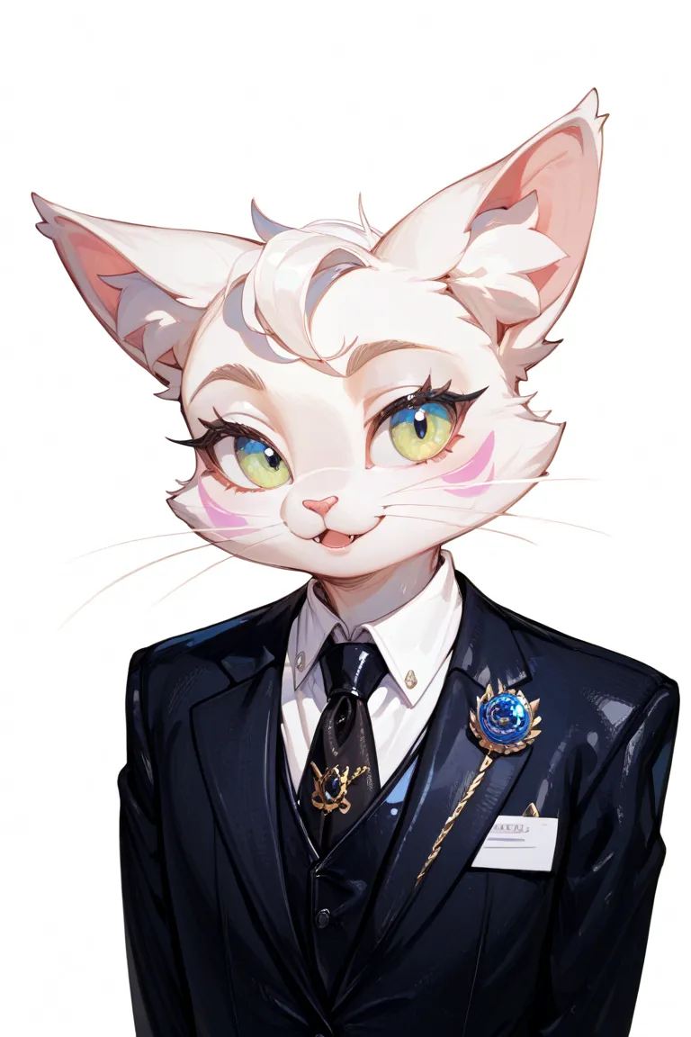 Cat in a suit、 Deformed Character 、Uncle cat、 big mouth、face up、Icon Image、white background、