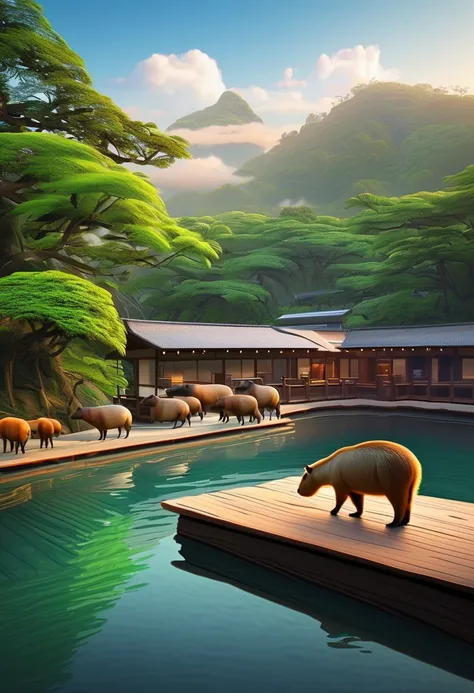 ((hot springs with capybaras))、One capybara:1.2、Cozy atmosphere、rising steam、lush vegetation、Relaxing bath、 calm colors、Ripples on a calm water surface、peaceful atmosphere serenity、Faint mist in the air、A sense of harmony and tranquility、A delightful encou...