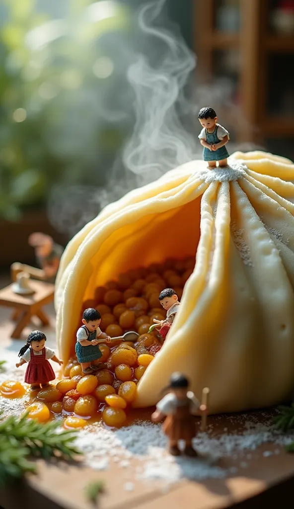 The image is a strange, miniature diorama depicting a giant khinkali and tiny human figures gathering its dough folds and filling it. The scene is meticulously crafted, suggesting a high level of artistic skill and attention to detail. The frame is dominat...