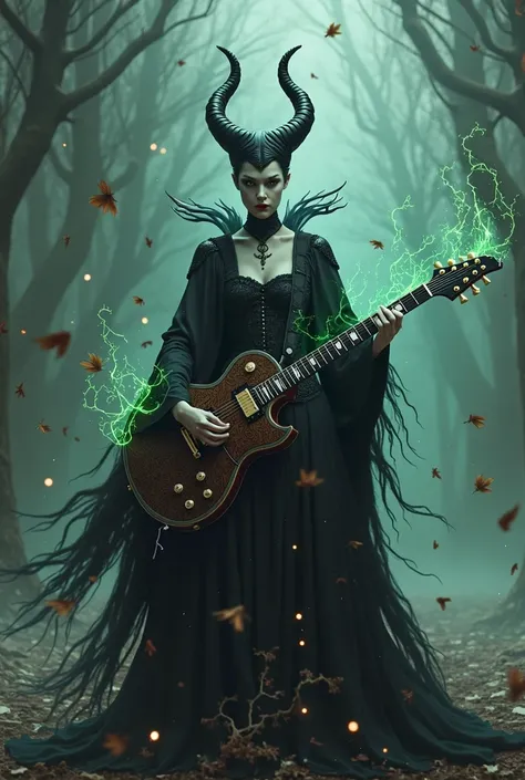 Gothic witch, With green flames playing electric guitar