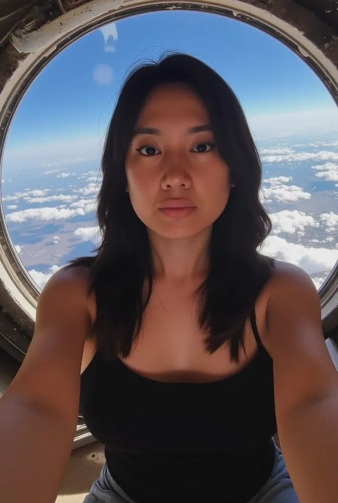 Woman in outer space inside a soace craft with an open window behind showing the earth. She is blank expression. Instagram photo wearing tank top black hair and boobs. Selfie looking at camera. Big breasts. 