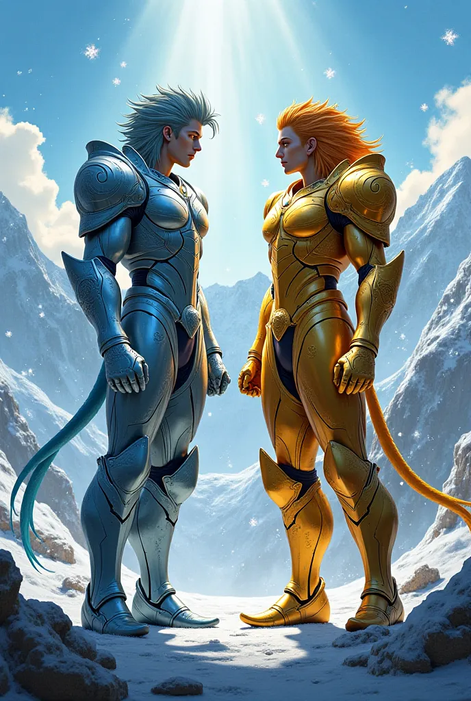 Make me a realistic drawing of Leo and Camus Aquarius from the cartoon Knights of the Zodiac 4k, 