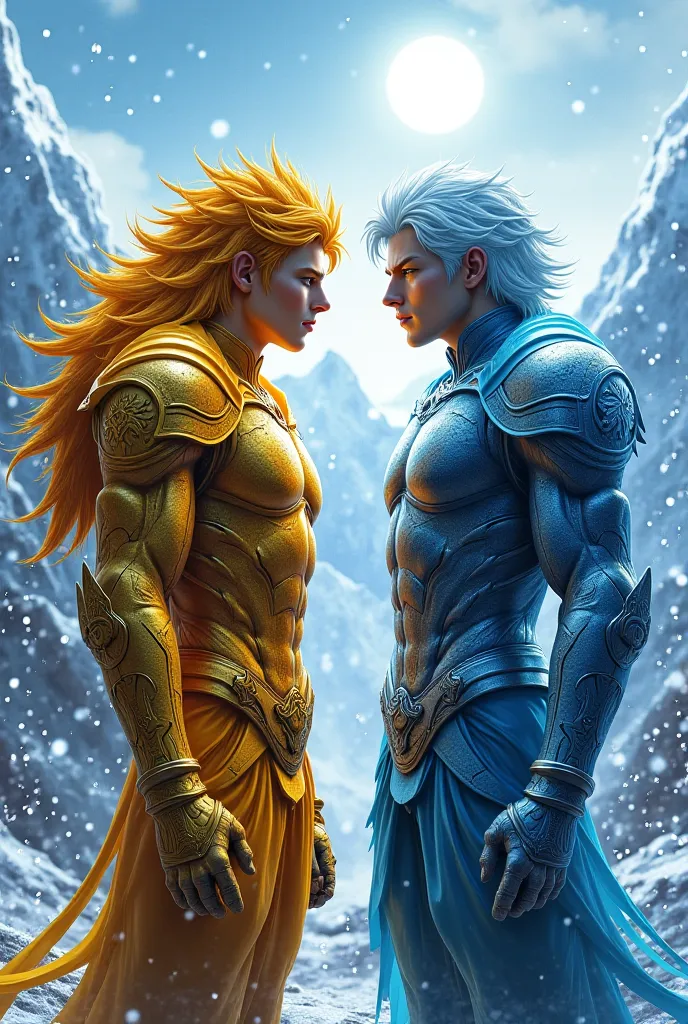 Make me a realistic drawing of Leo and Camus Aquarius from the cartoon Knights of the Zodiac 4k, 