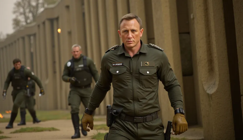 Daniel Craig in a tactical suit in olive color, wearing ankle boots and tactical gloves kills two armed mercenaries who attacked him - kills one with a knife, in the left hand, the second one is fired from a pistol with a silencer installed. The photo shou...