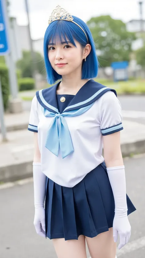 A high resolution photograph of s Japanese female idol, masterpiece, best quality, Intricate details, extreme details, very aesthetic, award winning, sharp focus, cinematic lighting, solo, 1girl, Sailor Mercury, (short blue hair:1.5), detailed face, detai...