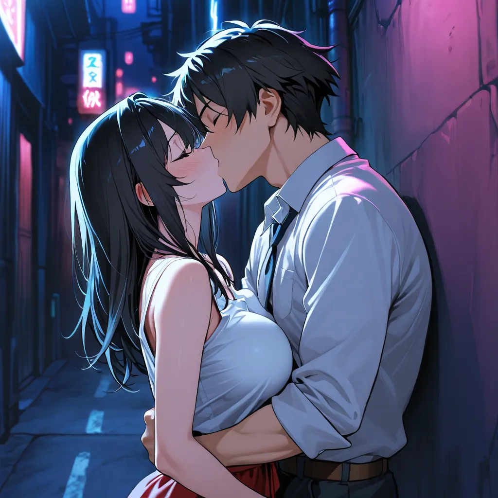 anime with big partially naked tits rolled up, High quality, at night in an alley, shows language, глаза закаталы, eyes rolled up, kissing
