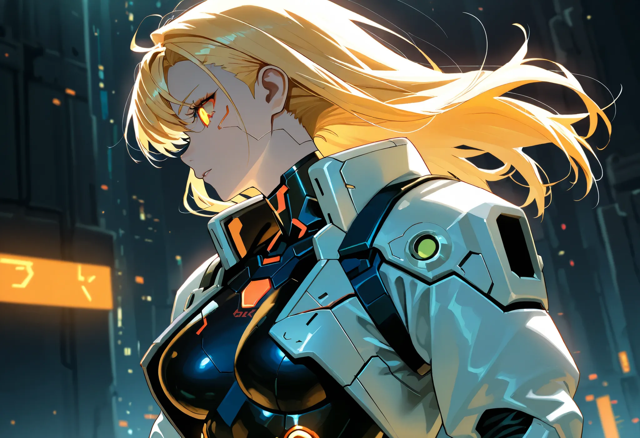 Cyberpunk anime soldier girl, wearing a sleek white and orange power suit, futuristic armor with glowing details, advanced technology, long blonde hair, anime illustration with soft and dynamic lighting. --ar 3:4 --style raw --profile --stylize 200