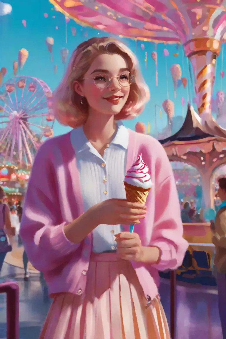 Wgz style, masterpiece knee up painting illustration. A woman wearing a pink sweater with white skirt, with flowy cardigan around her arms, looking at viewer  , eating ice cream in amusement park 