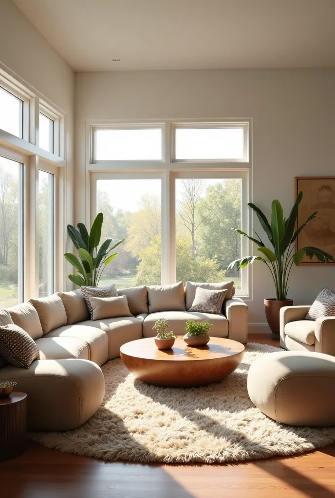 beautiful living room interior  ,   light shades ,  natural materials 