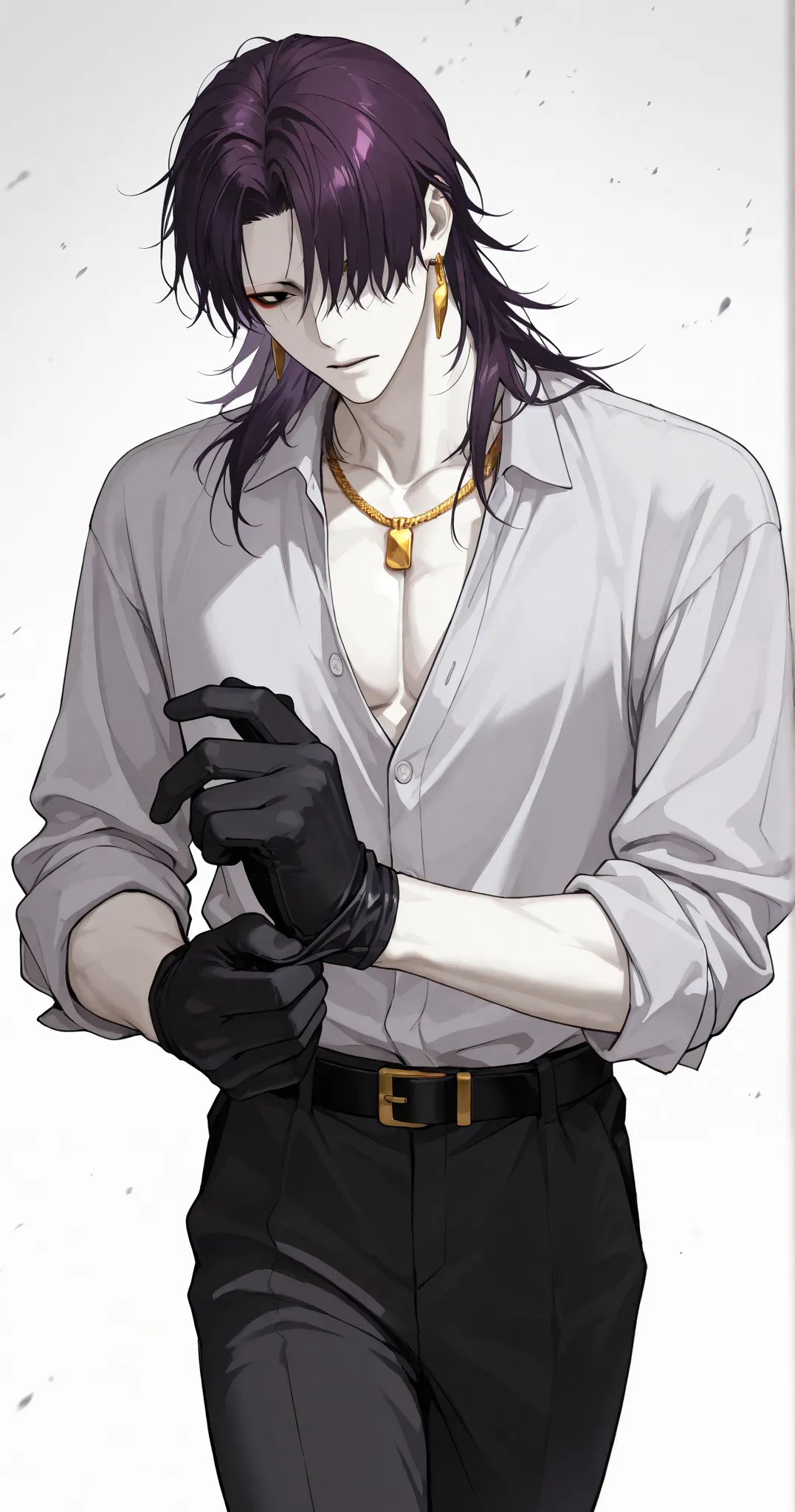 1 boy, fit, handsome, straight hair, very dark purple hair, mullet, gold earrings, thin gold necklace, hair covering one eye, no eyebrows, white and black eye, red eyeliner, cold eyes, pale skin, sexy body, muscular body, dark grey button up polo shirt, un...