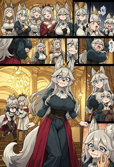 furのような,   animal ears,Tail,[[fur]],  blue eyes,cute,Fox Woman, anime style,白いfur,  dog restraint,   crying face,  make middle hair , queen,  color , Gray Hair,Mother,A woman stretches her knees,Rub big breasts from behind, top, comics, next scene ,Being m...