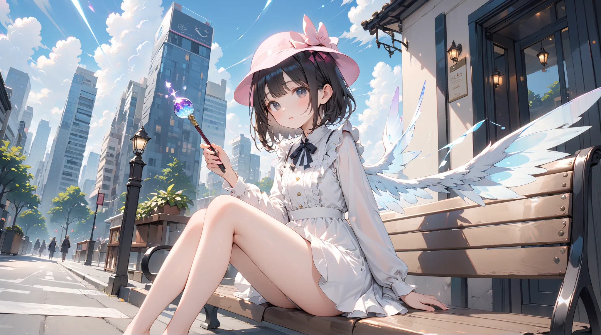 ( best quality ,  high resolution ,  Textured skin , high quality, high detail,  extremely detailed CG unity),One， age girl ， magic 少女，Black short hair，Black Eyes，pink small hat，exhausted，fatigue，Holding a long magic wand，Walking stick ， magic ，cute，Multi-...