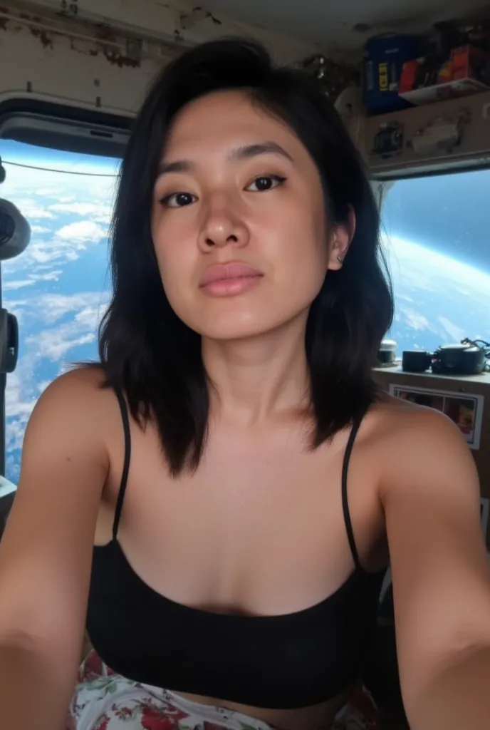 Woman in outer space inside a soace craft with an open window behind showing the earth ourer space. She is blank expression. Instagram photo wearing tank top black hair and boobs. Selfie looking at camera. Big breasts. 