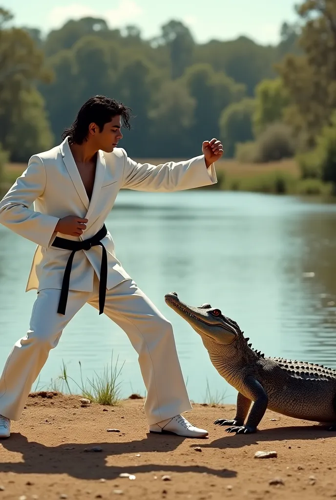 a man dressed in a white tuxedo in Michael Jackson's smooth criminal style, on the bank of a river fighting with a crocodile, doing a Karate pose, sunny day, the crocodile looks at him attentively on its four legs, the scene is the person from the front an...