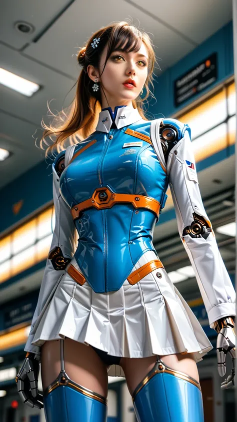 (((masterpiece))), (realism, realism texture, (science fiction, distant future), (top Quality, High Quality, top resolution, high resolution, (ultra detailed, high detailed))), (beautiful flight attendant robot girl, she is incredible machine:1.3), (girl t...