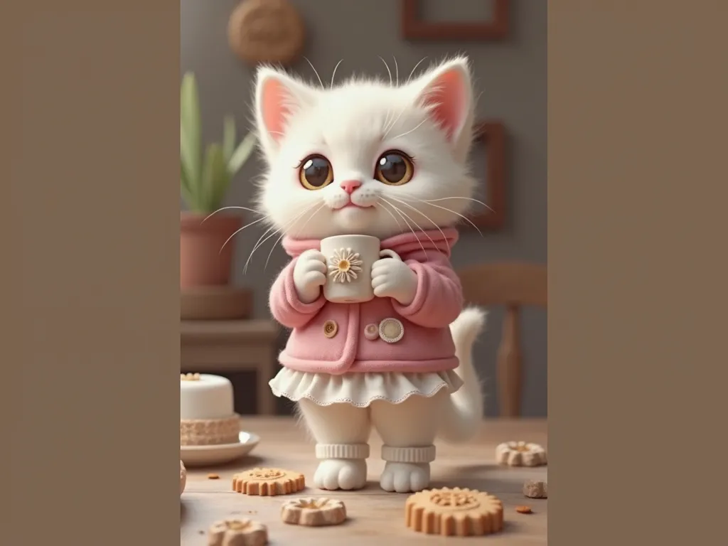 baby cat designed in size 25 , an adorable baby kitten , A realistic cat is standing on 2 legs , smile, is on the table drinking coffee , The eyes look like beautiful marbles ,Detailed and realistic coat ,Don'blur the bottom,fuzzy pink coat and white skirt...