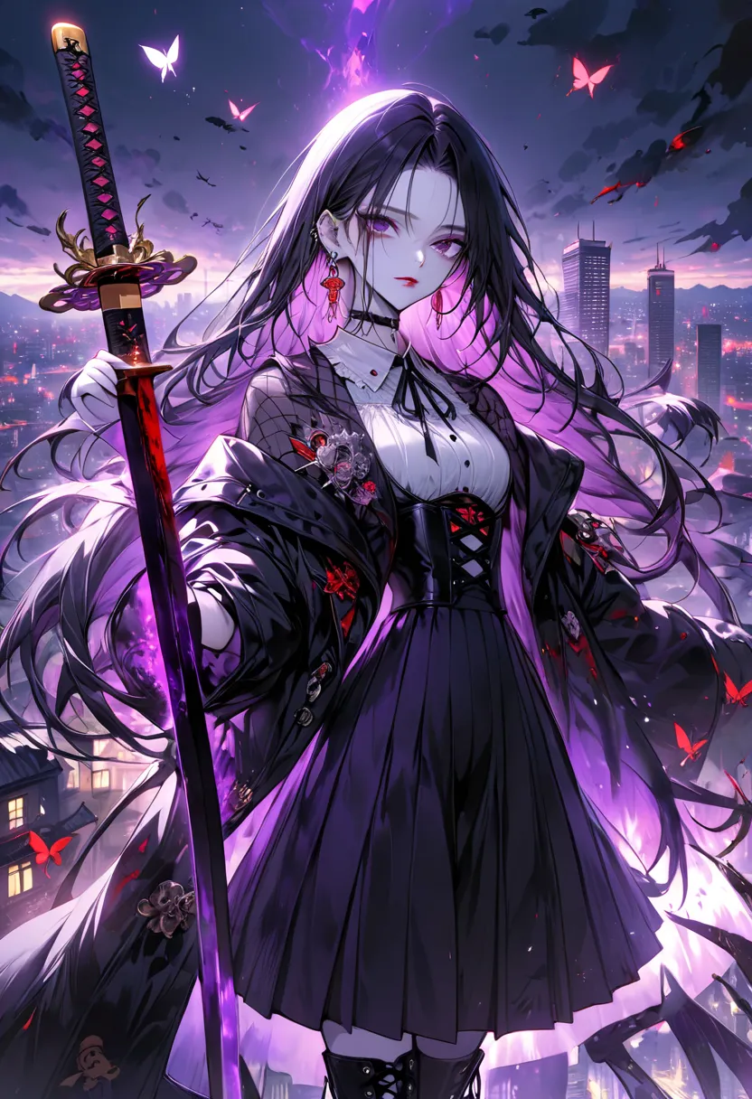 Mibu Shiritoshi

Black long hair straight hair with purple mesh。Pity Purple Eyes 。 white skin。 red lips。 Smooth nose muscles 。Sharp impression。An enchanting beauty with a slender figure 。 Owner with a Mysterious and Unconventional Atmosphere 。White Frilled...