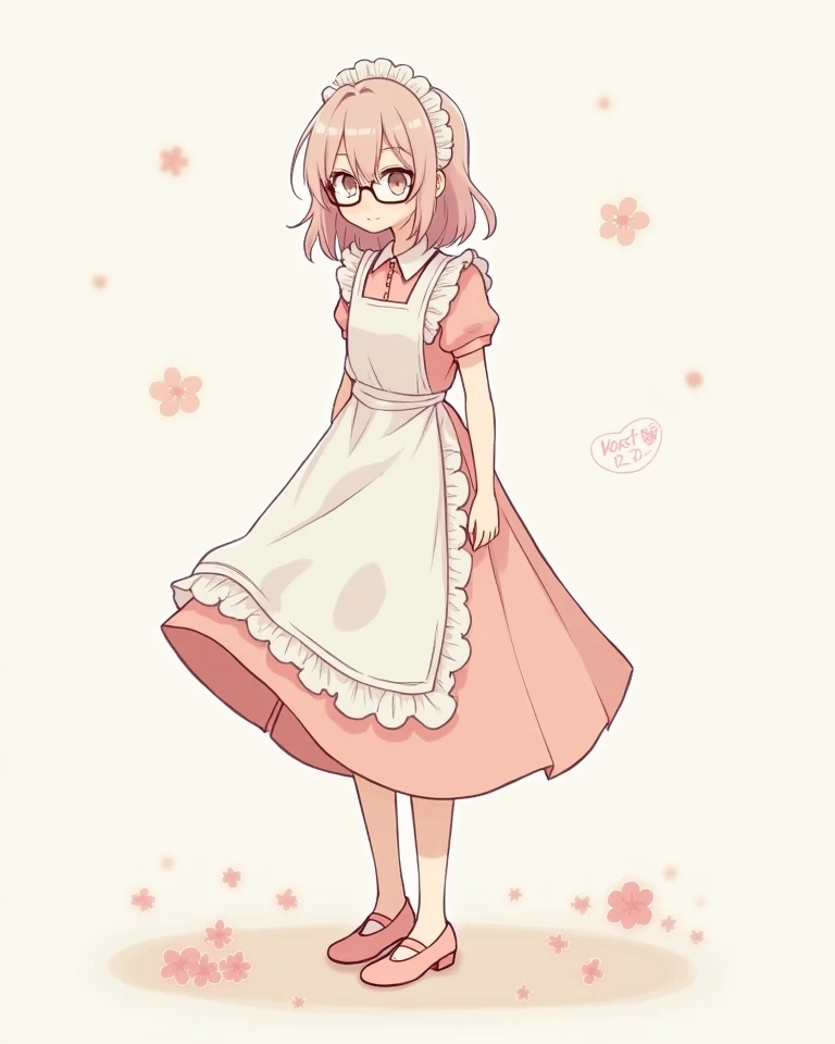 Illustration of a shy blushing man wearing maid clothes with long hair, glasses, and a long skirt