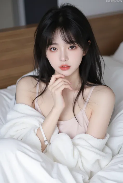 kpop girl, korean and Chinese, soft black hair, gorgeous, 18 years old, stunning, perfect visual, unique and porcelain like visual, visual like a doll, hair wild, realistic, plump lips, fits Korean beauty standards 100 percent, adorable, unique visual, fie...